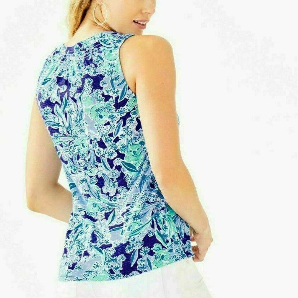Lilly Pulitzer Essie Tank Blouse Top Smocked Printed Resort Cotton XS 256496 - Picture 2 of 7